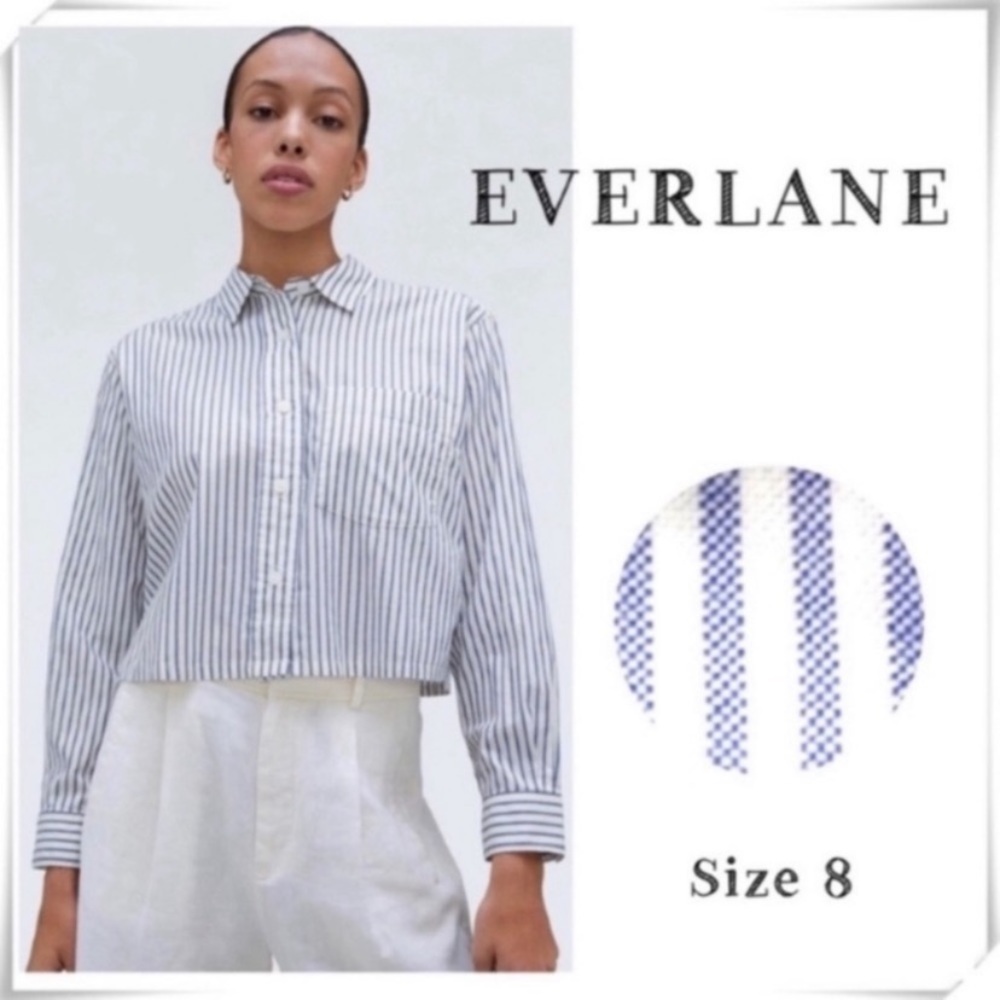 Everlane Stripe Way-Short Crop Casual Button Down Shirt White with Blue Size 8